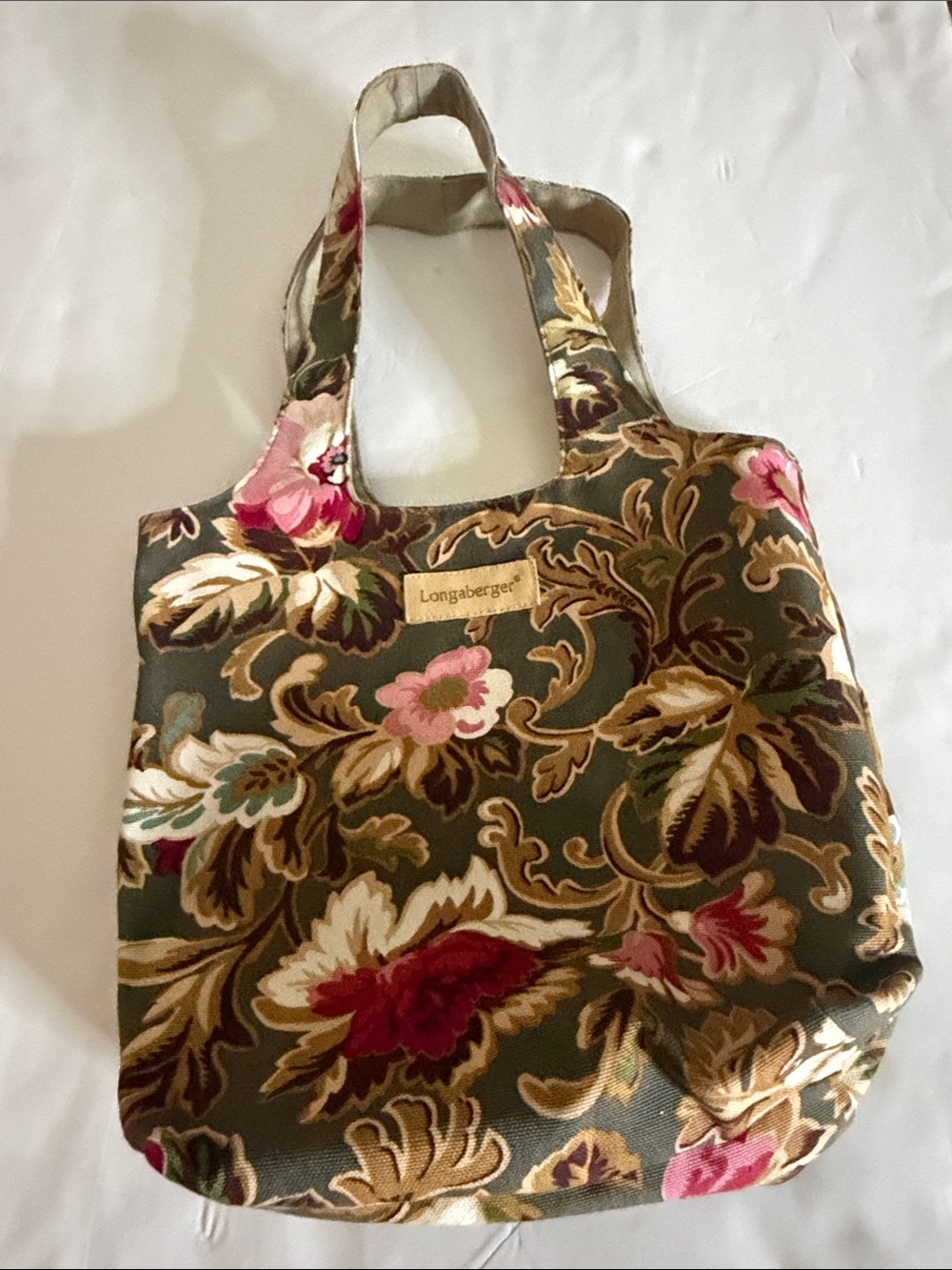 Longaberger  small Olive Green Floral Canvas Tote with Pink Accents